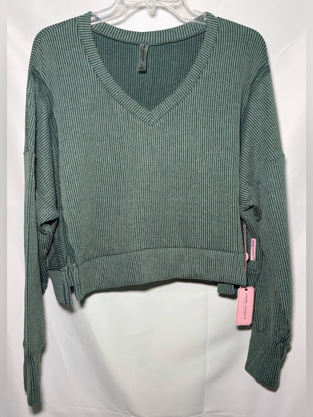 Simply Southern V-neck Long Sleeve Pullover Knit Top ~ Color Jade ~ Size Large